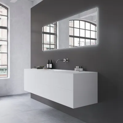 Copenhagen Chic 180 - MKII, Schrank, 6 Schubladen, Spüle und Korpus aus Corian® Glacier White, Fronten in Mattweiß