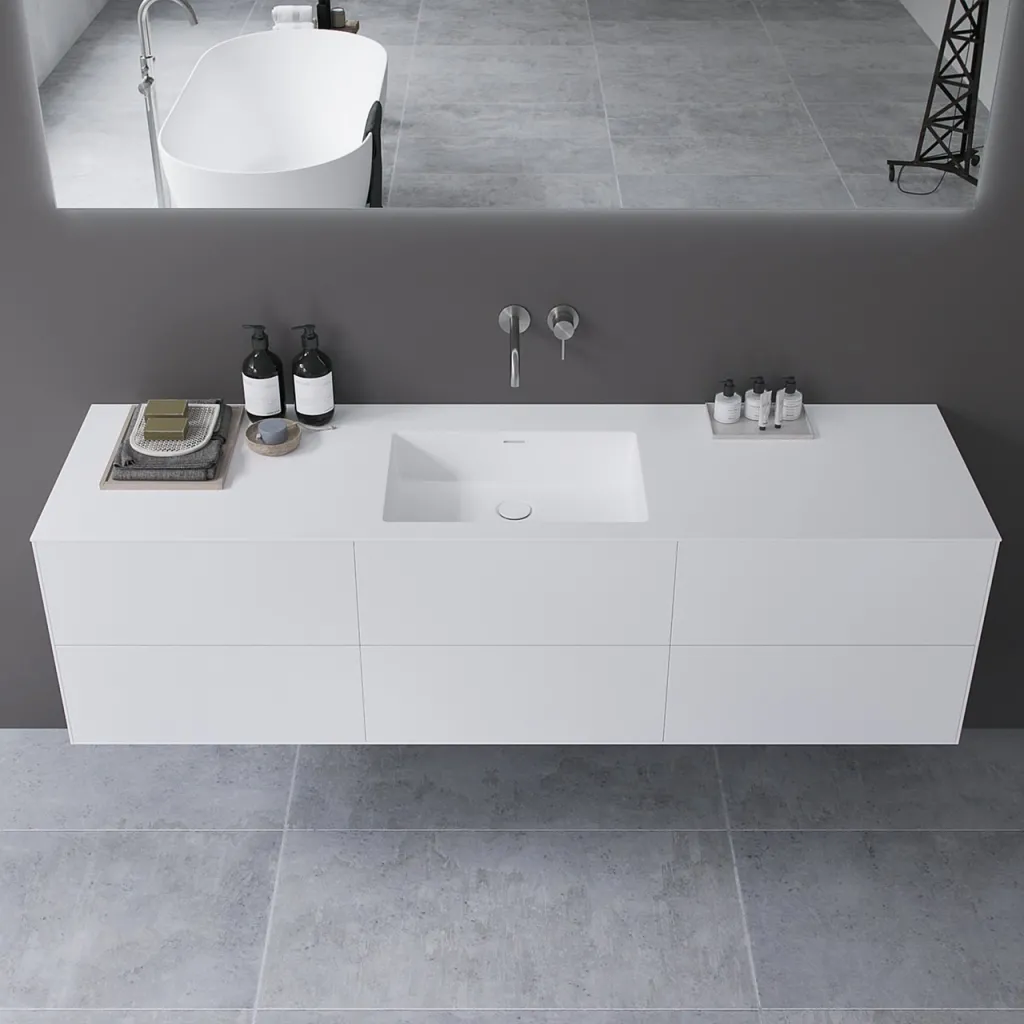 Copenhagen Chic 180 - MKII, Schrank, 6 Schubladen, Spüle und Korpus aus Corian® Glacier White, Fronten in Mattweiß