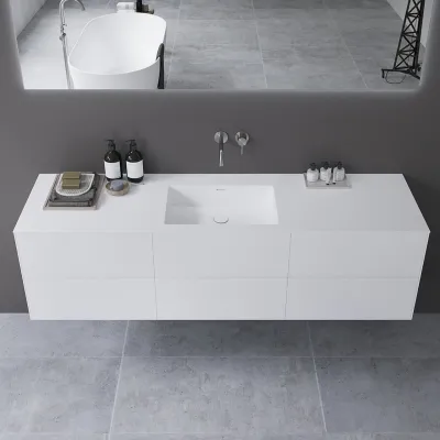 Copenhagen Chic 180 - MKII, Schrank, 6 Schubladen, Spüle und Korpus aus Corian® Glacier White, Fronten in Mattweiß