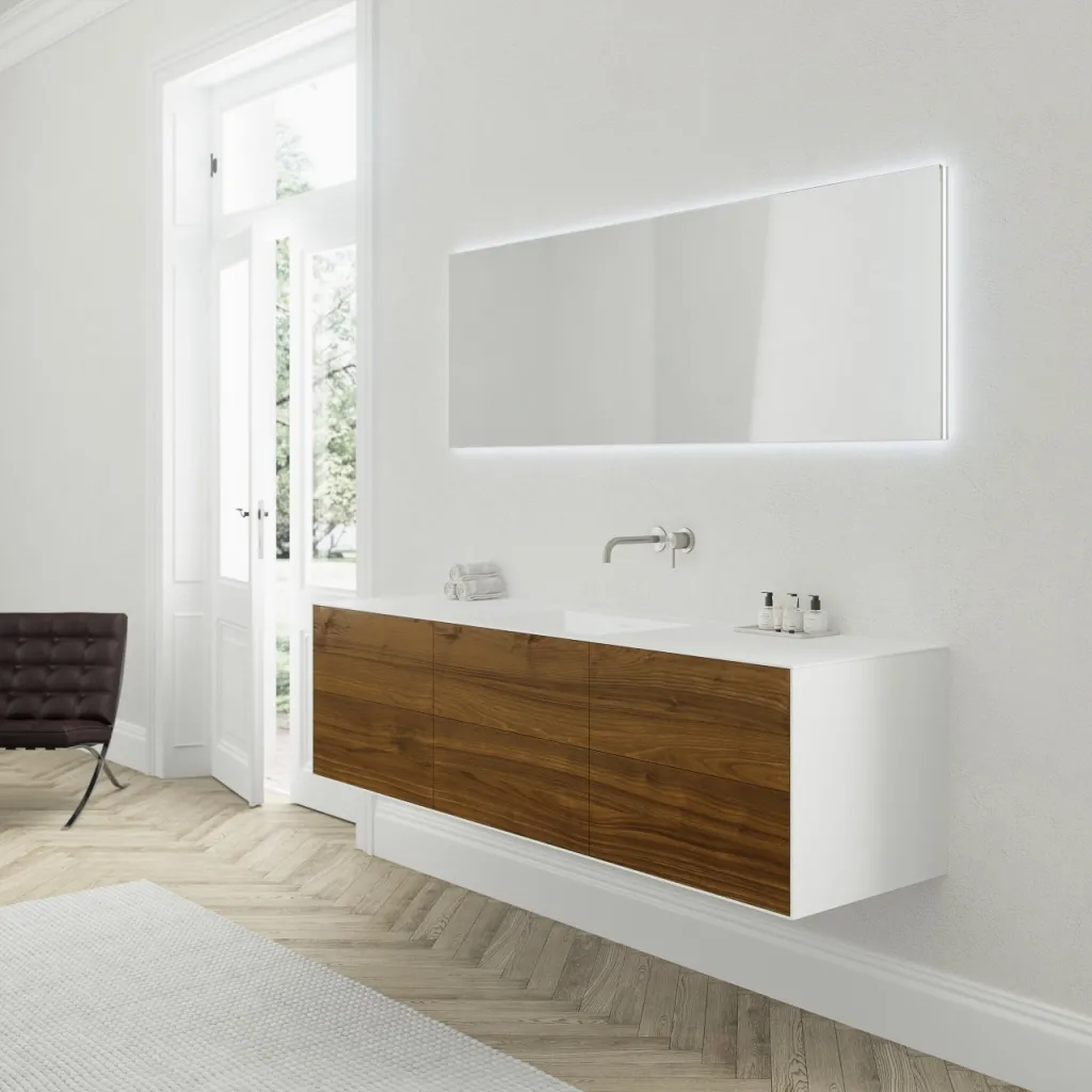 Copenhagen Chic 180 - MKII-Unterschrank, 6 Schubladen, Spüle und Korpus aus Corian® Glacier White mit amerikanischem Nussbaum