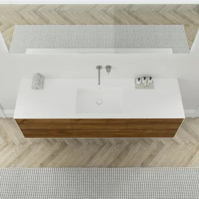 Copenhagen Chic 180 - MKII-Unterschrank, 6 Schubladen, Spüle und Korpus aus Corian® Glacier White mit amerikanischem Nussbaum