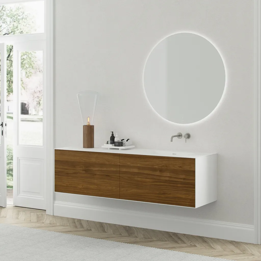 Copenhagen Chic 180R - Badezimmermöbel, MKII Glacier White Corian® mit amerikanischem Nussbaum