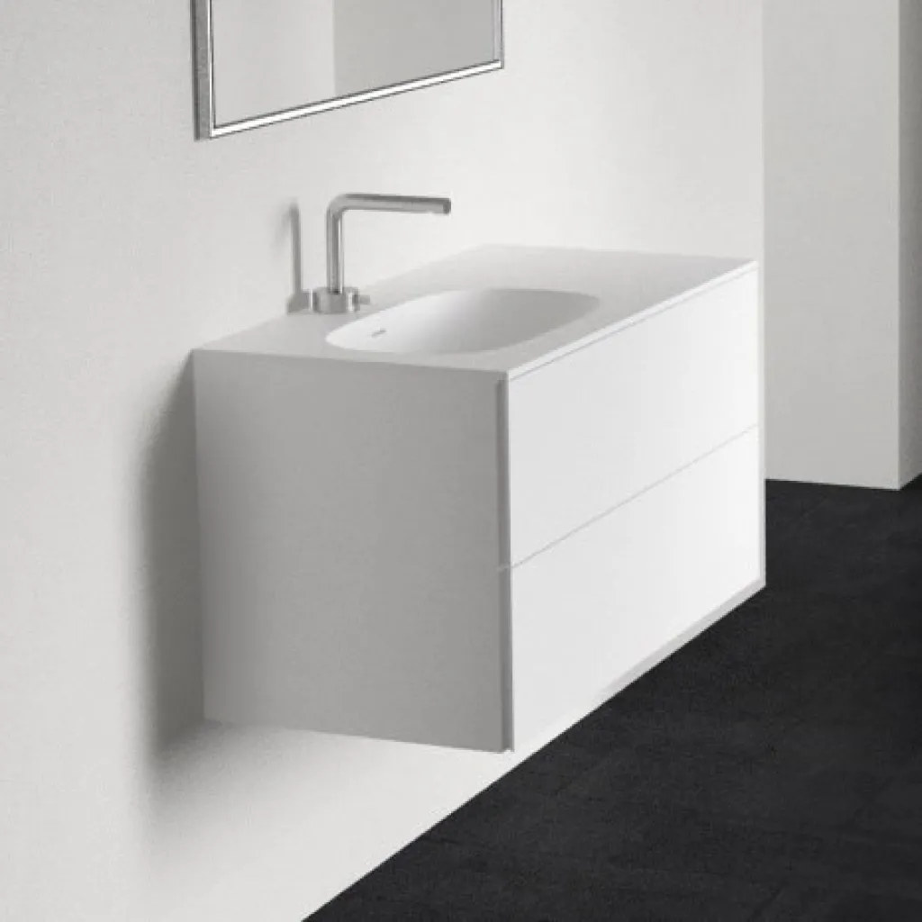 Block Soft 90L - Badmöbel 90x46 cm, Mattweiß mit SolidTec® Waschbecken links