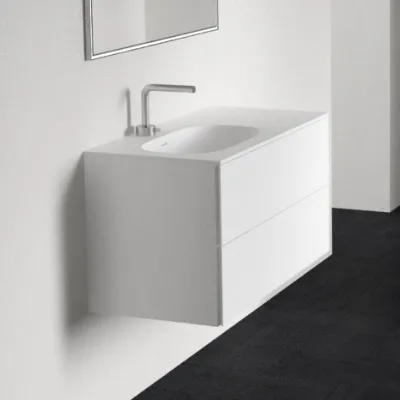 Block Soft 90L - Badmöbel 90x46 cm, Mattweiß mit SolidTec® Waschbecken links