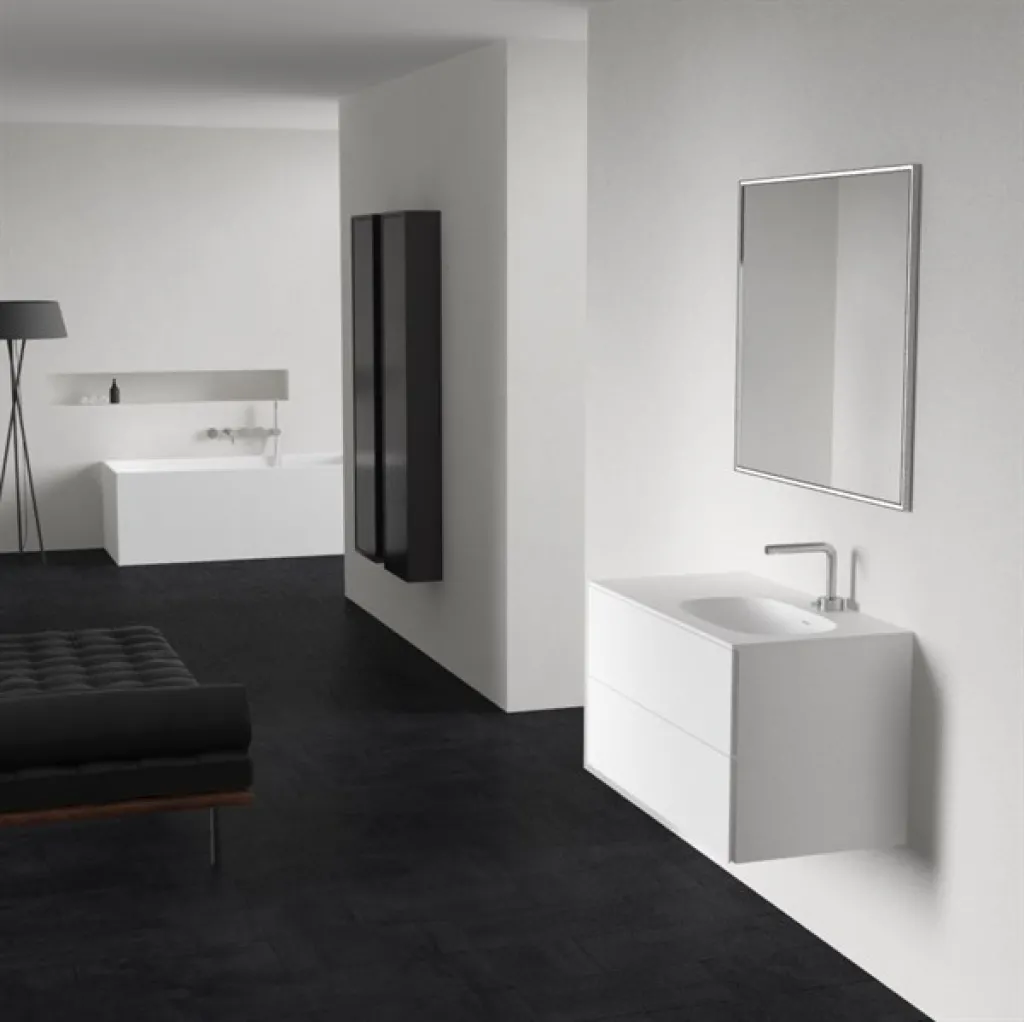 Block Soft 90R - Badmöbel 90x46 cm, Mattweiß mit SolidTec® Waschbecken rechts