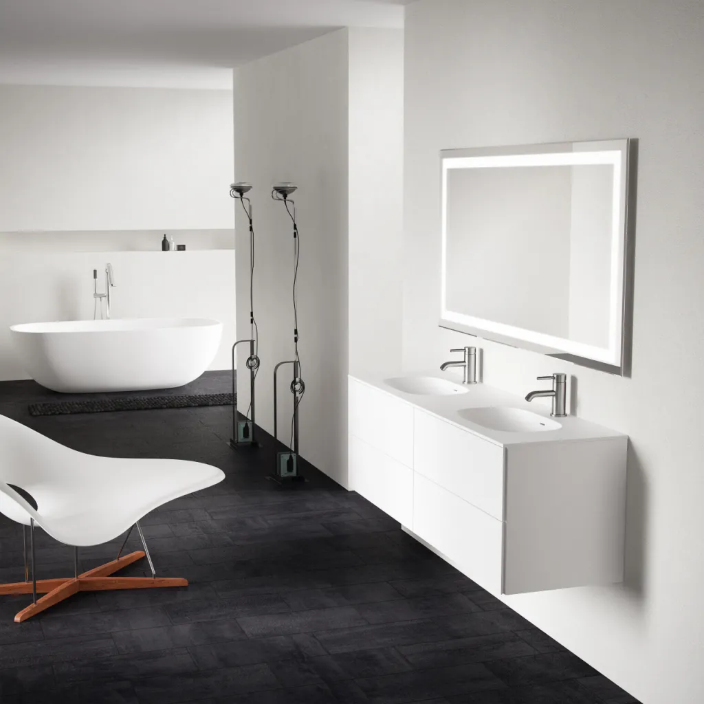 Block Soft 160D - Badmöbel 160x46 cm, Mattweiß mit SolidTec® Doppelwaschbecken
