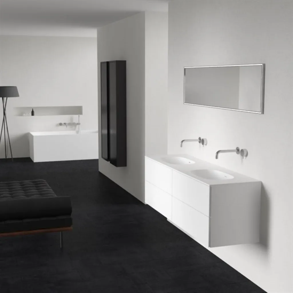 Block Soft 160D - Badmöbel 160x46 cm, Mattweiß mit SolidTec® Doppelwaschbecken