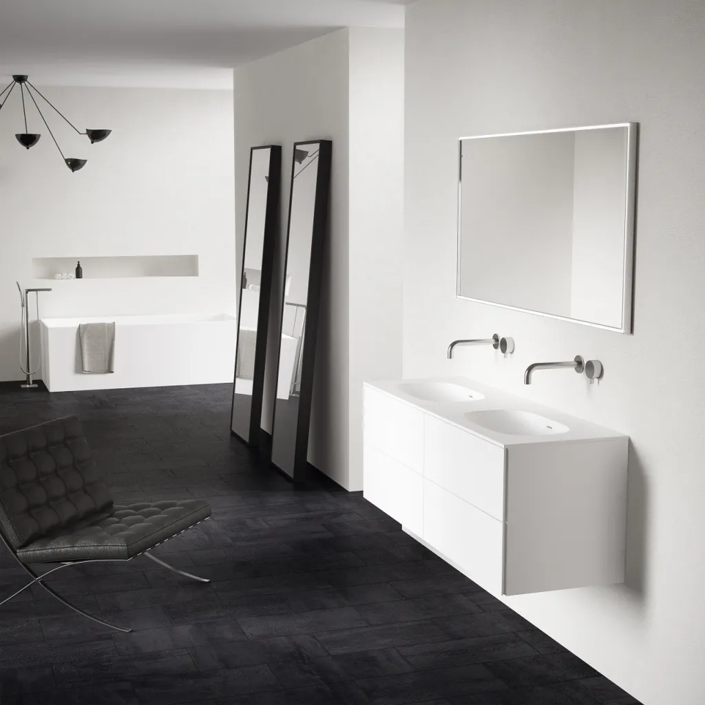 Block Soft 140D - Badmöbel 140x46 cm, Mattweiß mit SolidTec® Doppelwaschbecken