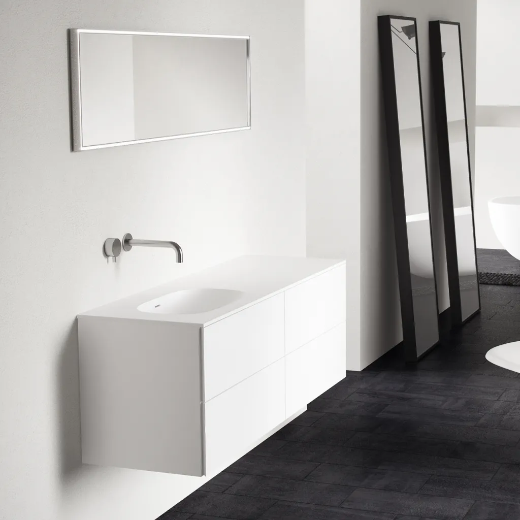 Block Soft 140L -  Badmöbel 140x46 cm, Mattweiß mit SolidTec® Waschbecken links.