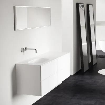 Block Soft 140L -  Badmöbel 140x46 cm, Mattweiß mit SolidTec® Waschbecken links.