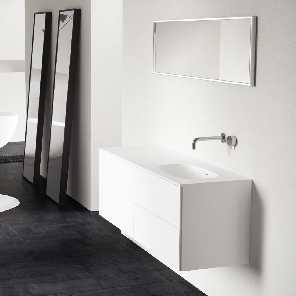 Block Soft 140R - Badmöbel 140x46 cm, Mattweiß mit SolidTec® Waschbecken rechts