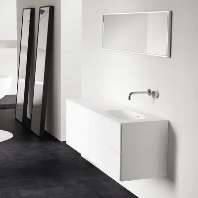 Block Soft 140R - Badmöbel 140x46 cm, Mattweiß mit SolidTec® Waschbecken rechts