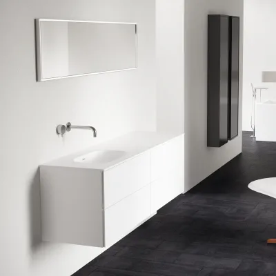 Block Soft 160L - Badmöbel 160x46 cm, Mattweiß mit SolidTec® Waschbecken links