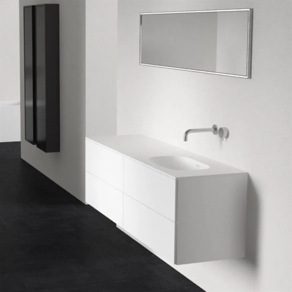 Block Soft 160R - Badmöbel 160x46 cm, Mattweiß mit SolidTec® Waschbecken rechts