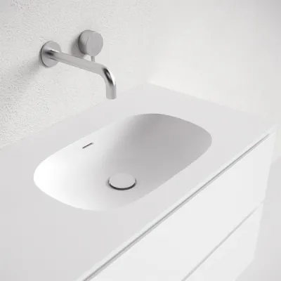Block Soft 120R - Badmöbel 120x46 cm, Mattweiß mit SolidTec® Waschbecken rechts