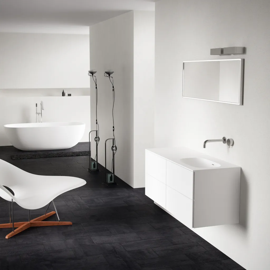 Block Soft 120R - Badmöbel 120x46 cm, Mattweiß mit SolidTec® Waschbecken rechts