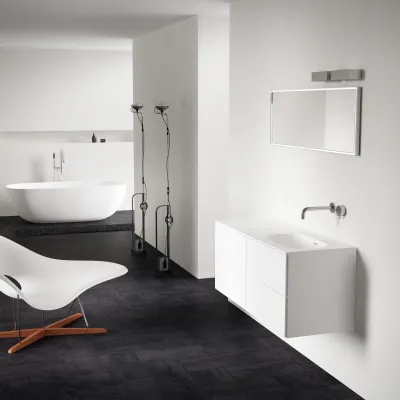 Block Soft 120R - Badmöbel 120x46 cm, Mattweiß mit SolidTec® Waschbecken rechts