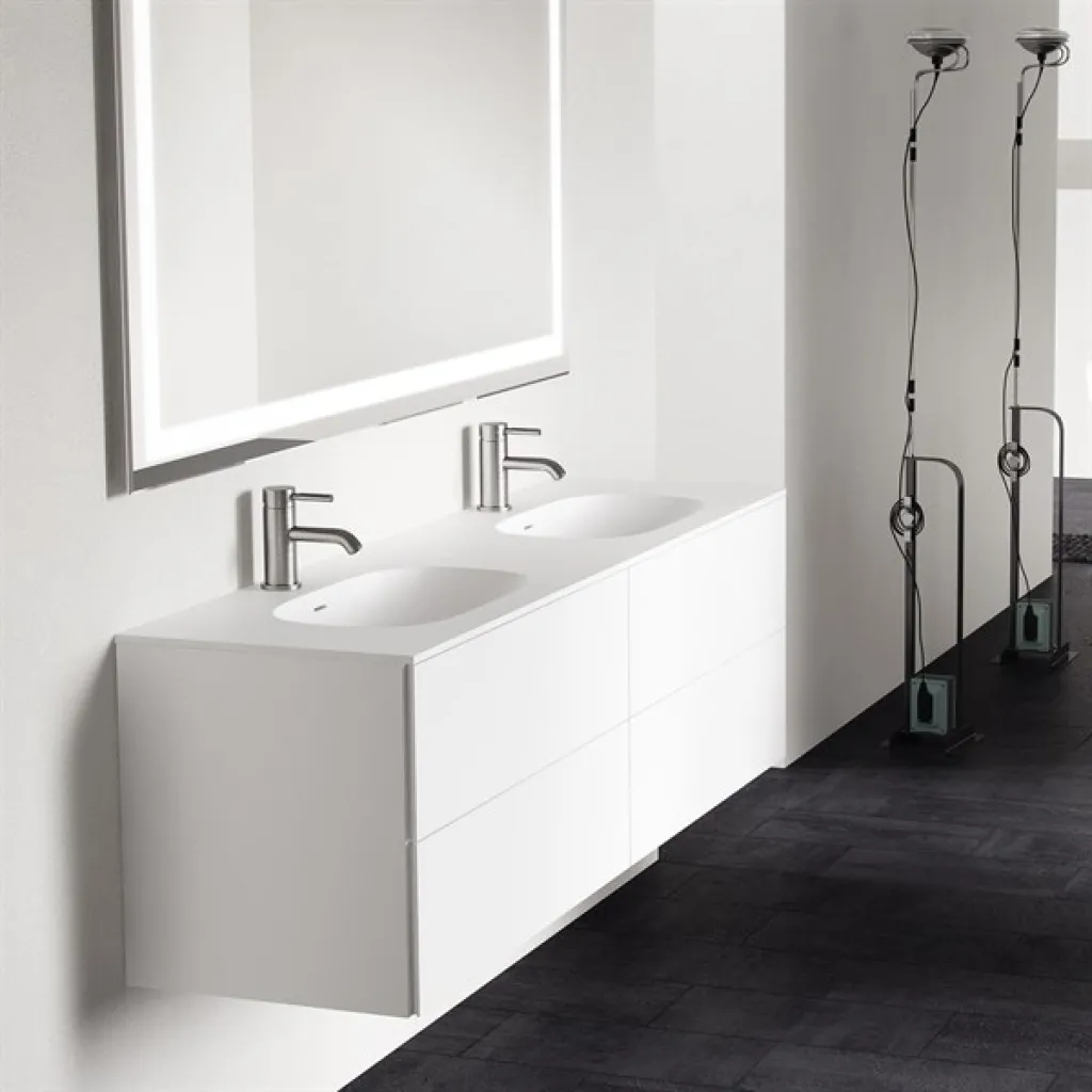 Block Soft 180D - Badmöbel 180x46 cm, Mattweiß mit SolidTec® Doppelwaschbecken