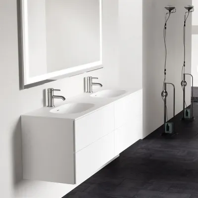 Block Soft 180D - Badmöbel 180x46 cm, Mattweiß mit SolidTec® Doppelwaschbecken