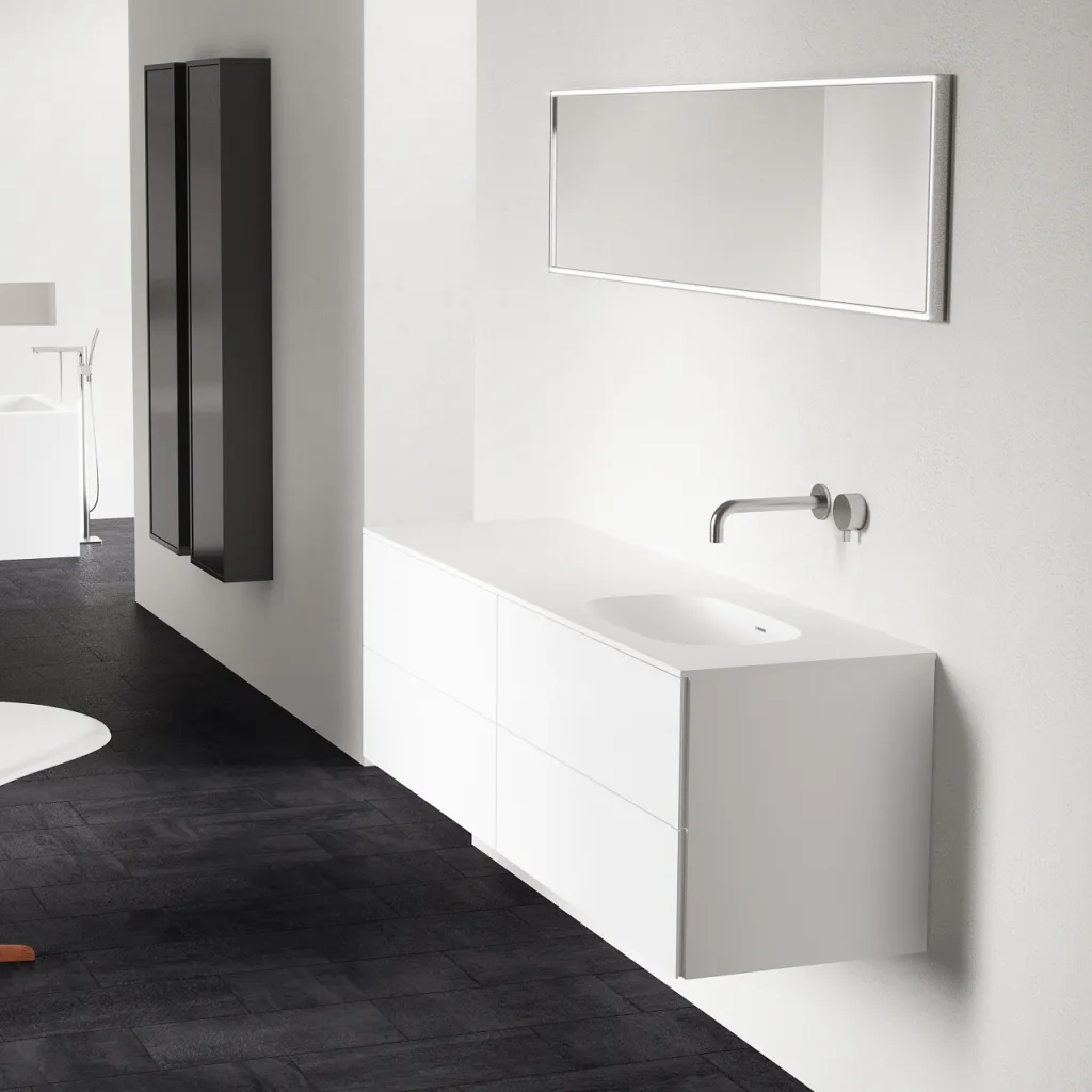 Block Soft 180R - Badmöbel 180x46 cm, Mattweiß mit SolidTec® Waschbecken rechts