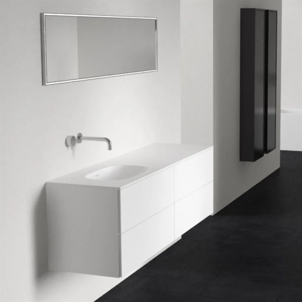 Block Soft 180L - Badmöbel 180x46 cm, Mattweiß mit SolidTec® Waschbecken links