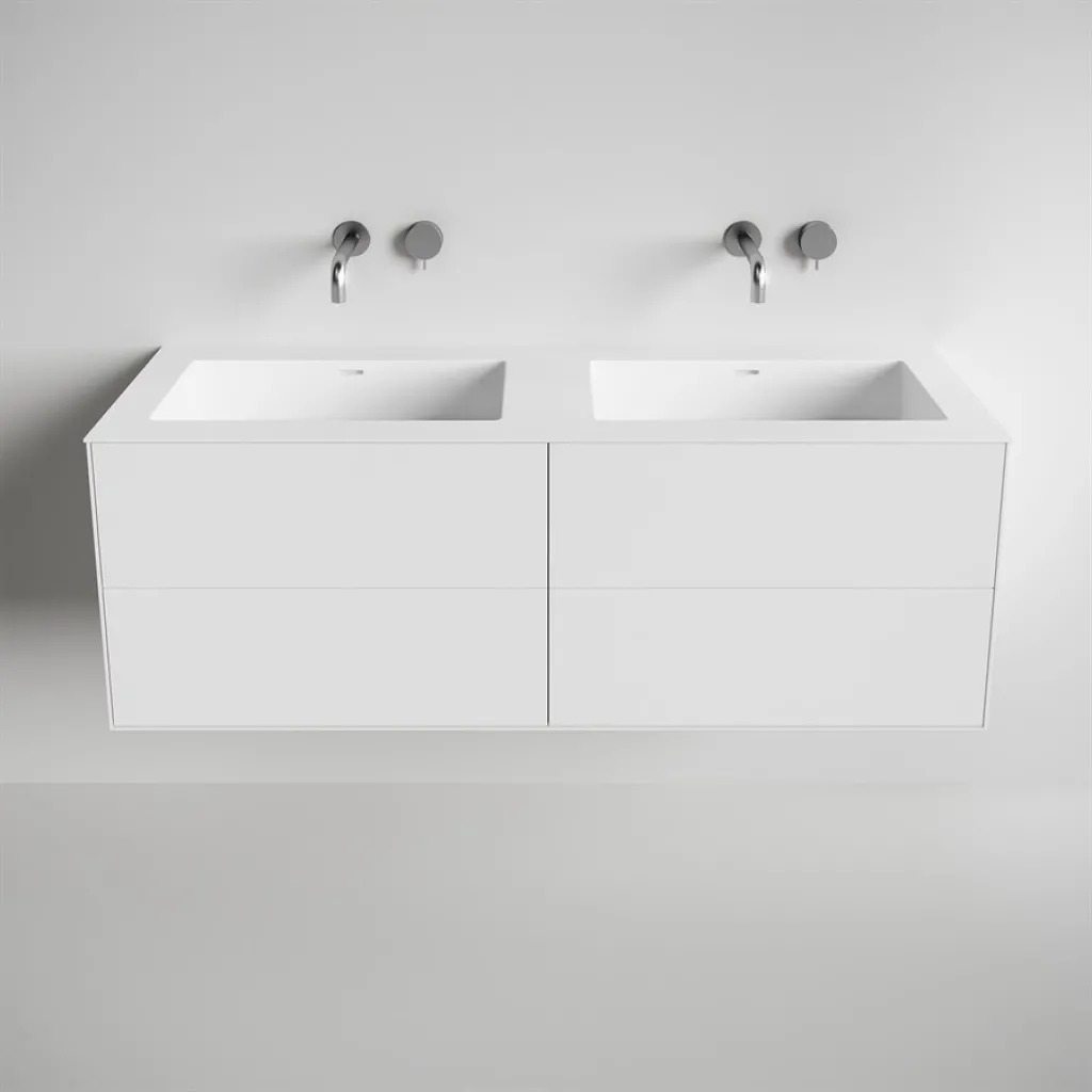 Copenhagen Chic 140D - Schrank mit 4 Schubladen, Doppelwaschbecken und Korpus aus Corian® Glacier White, Mattweiß