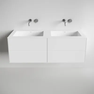Copenhagen Chic 140D - Schrank mit 4 Schubladen, Doppelwaschbecken und Korpus aus Corian® Glacier White, Mattweiß