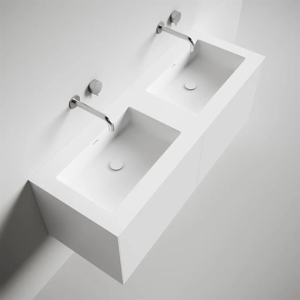 Copenhagen Chic 140D - Schrank mit 4 Schubladen, Doppelwaschbecken und Korpus aus Corian® Glacier White, Mattweiß