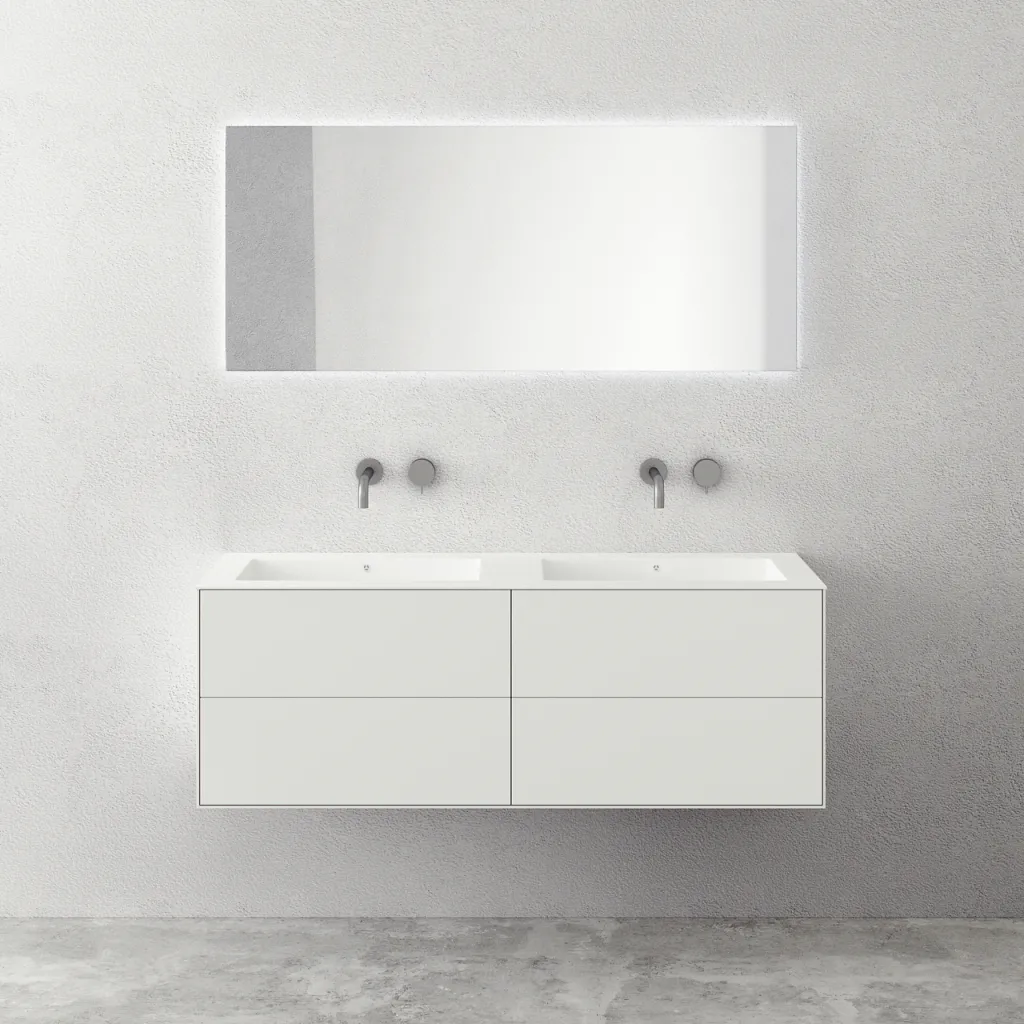 Copenhagen Chic 140D - Schrank mit 4 Schubladen, Doppelwaschbecken und Korpus aus Corian® Glacier White, Mattweiß