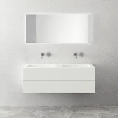 Copenhagen Chic 140D - Schrank mit 4 Schubladen, Doppelwaschbecken und Korpus aus Corian® Glacier White, Mattweiß