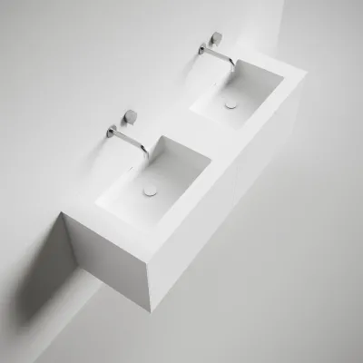 Copenhagen Chic 160D - Schrank mit 4 Schubladen, Doppelwaschbecken und Korpus aus Corian® Glacier White, Mattweiß