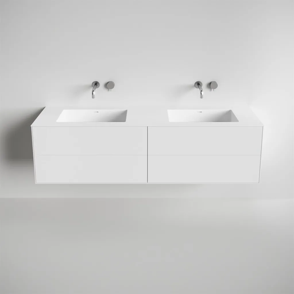 Copenhagen Chic 180D - Schrank mit 4 Schubladen, Doppelwaschbecken und Korpus aus Corian® Glacier White, Mattweiß
