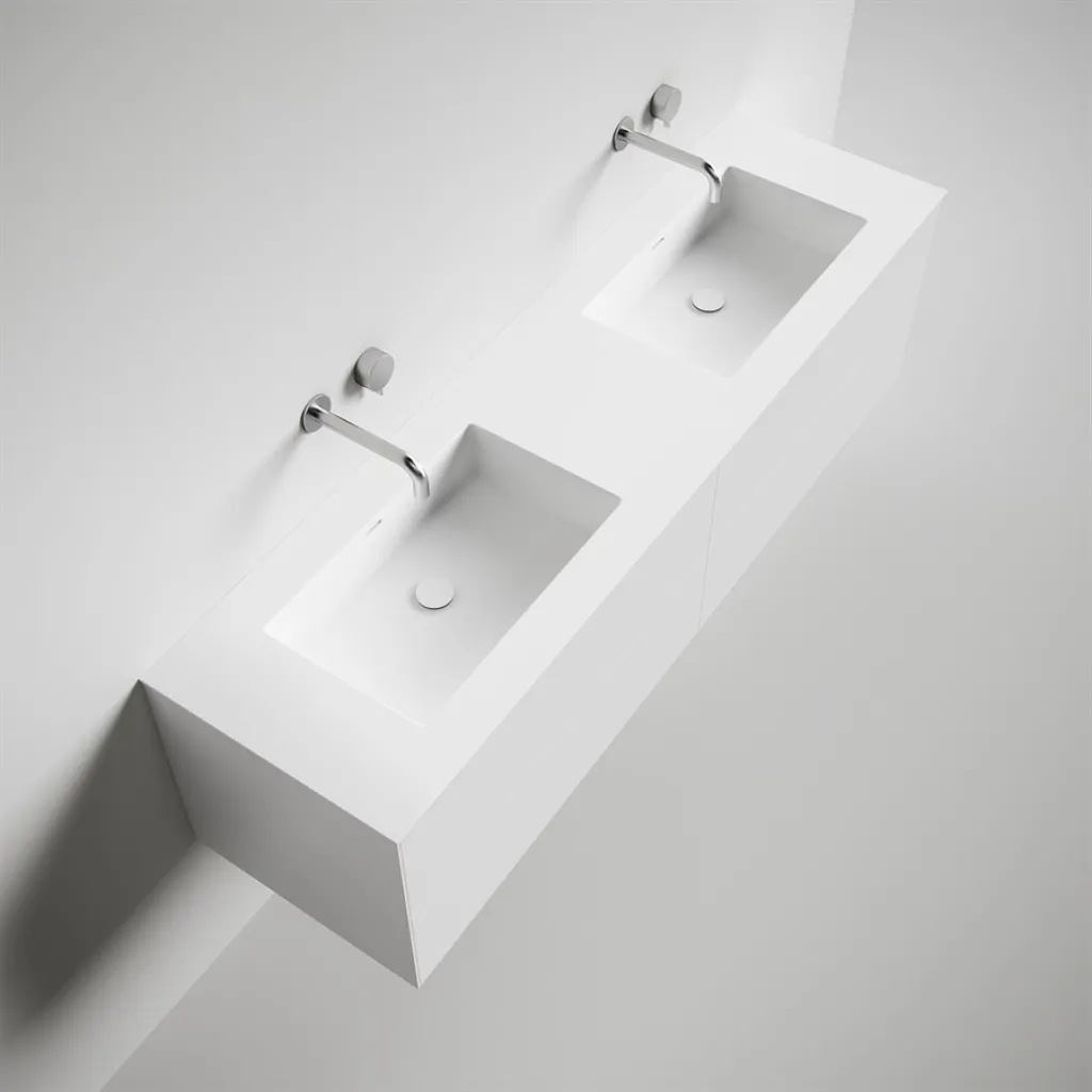 Copenhagen Chic 180D - Schrank mit 4 Schubladen, Doppelwaschbecken und Korpus aus Corian® Glacier White, Mattweiß
