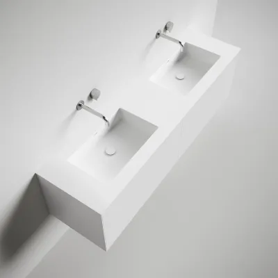 Copenhagen Chic 180D - Schrank mit 4 Schubladen, Doppelwaschbecken und Korpus aus Corian® Glacier White, Mattweiß
