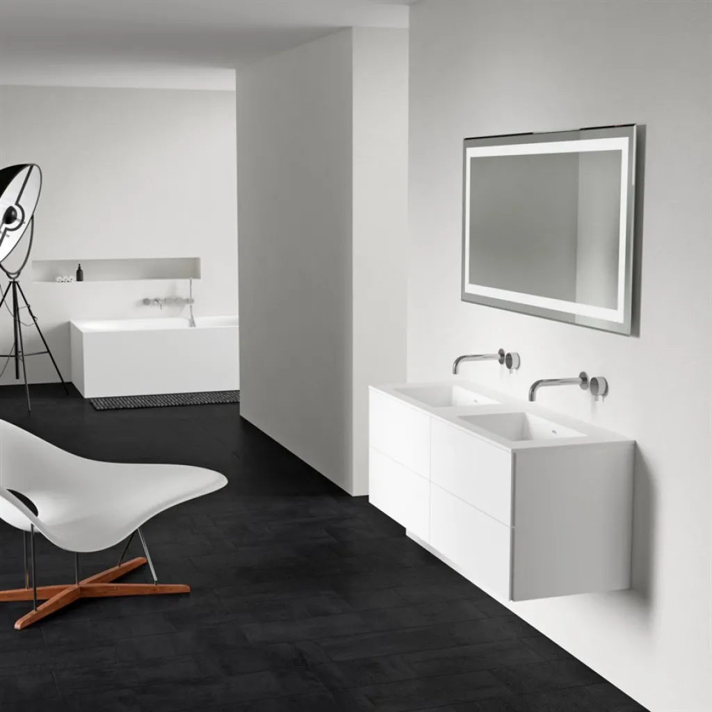 Block Soho 140D - Waschtischunterschrank 140x46, Mattweiß mit SolidTec® Doppelspüle