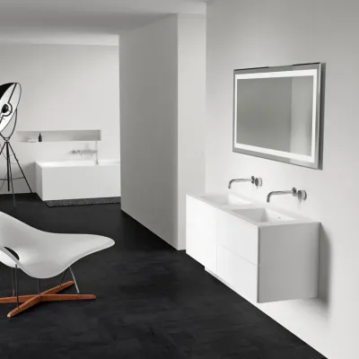 Block Soho 140D - Waschtischunterschrank 140x46, Mattweiß mit SolidTec® Doppelspüle