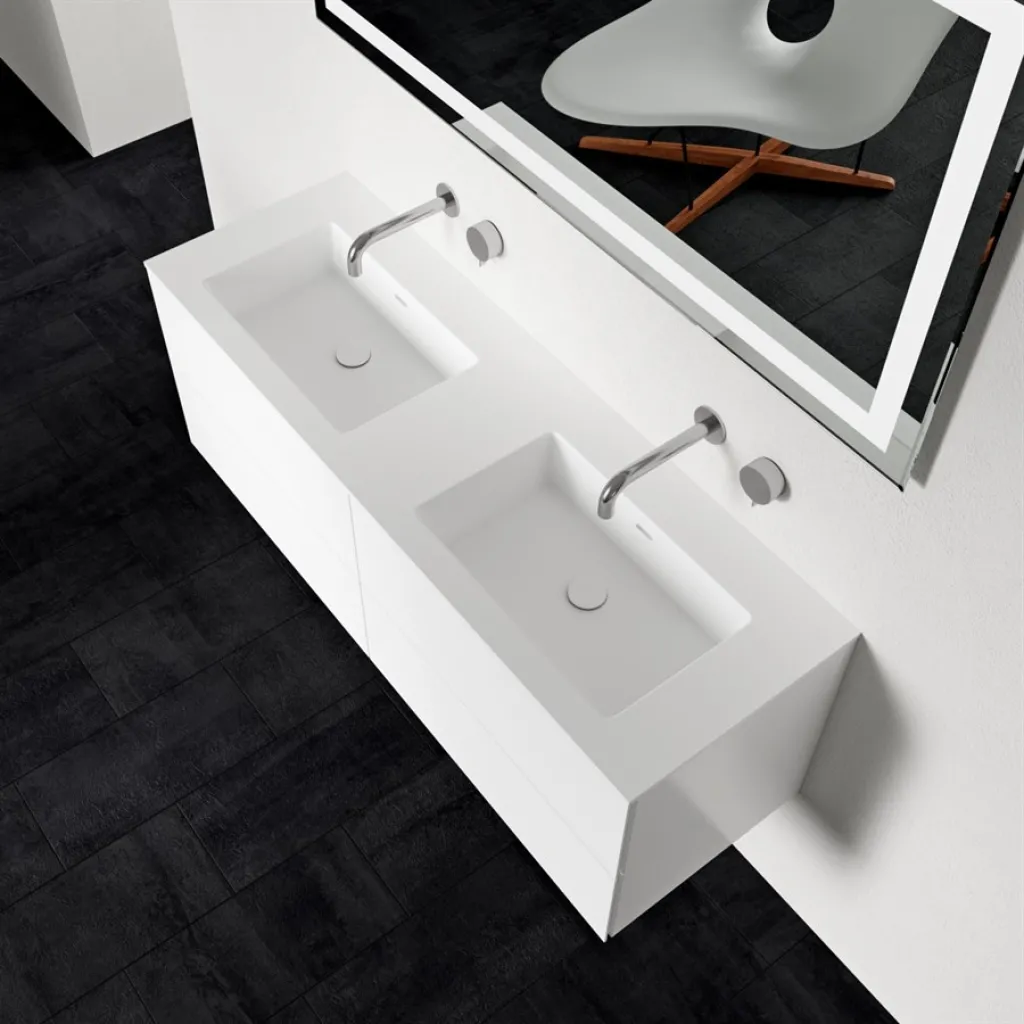 Block Soho 140D - Waschtischunterschrank 140x46, Mattweiß mit SolidTec® Doppelspüle
