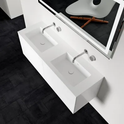Block Soho 140D - Waschtischunterschrank 140x46, Mattweiß mit SolidTec® Doppelspüle