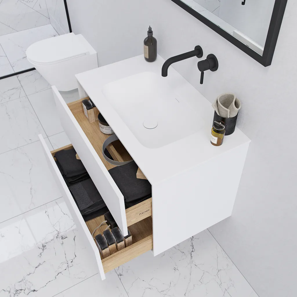 Pulcher Mood 80 Soft - Badmöbel 80x46 cm, Mattweiß mit SolidTec® Waschbecken