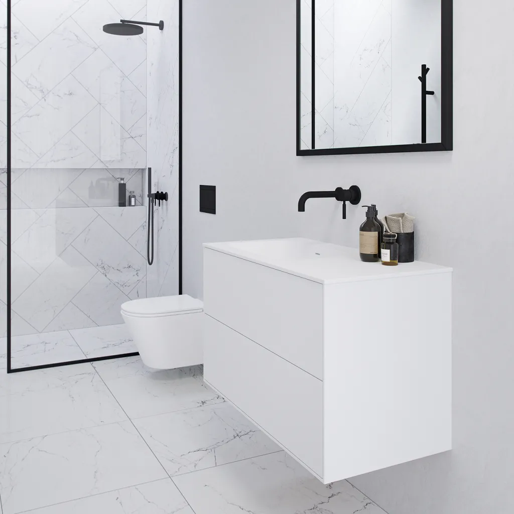 Pulcher Mood 90L Soft - Badmöbel 90x46 cm, Mattweiß mit SolidTec® Waschbecken