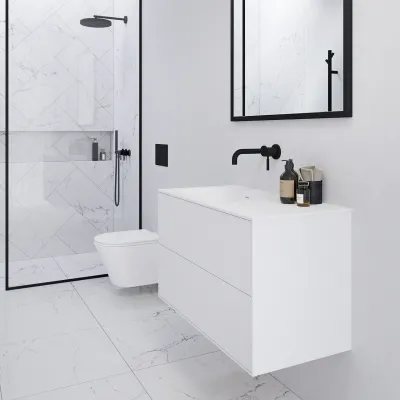Pulcher Mood 90L Soft - Badmöbel 90x46 cm, Mattweiß mit SolidTec® Waschbecken