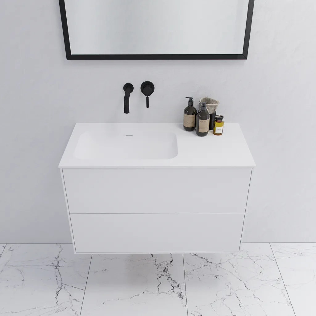 Pulcher Mood 90L Soft - Badmöbel 90x46 cm, Mattweiß mit SolidTec® Waschbecken