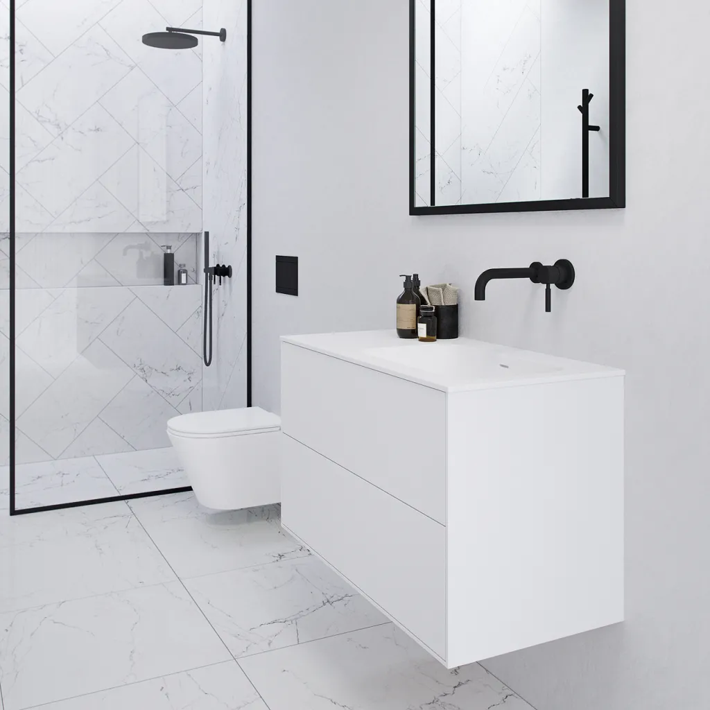 Pulcher Mood 90R Soft - Badmöbel 90x46 cm, Mattweiß mit SolidTec® Waschbecken
