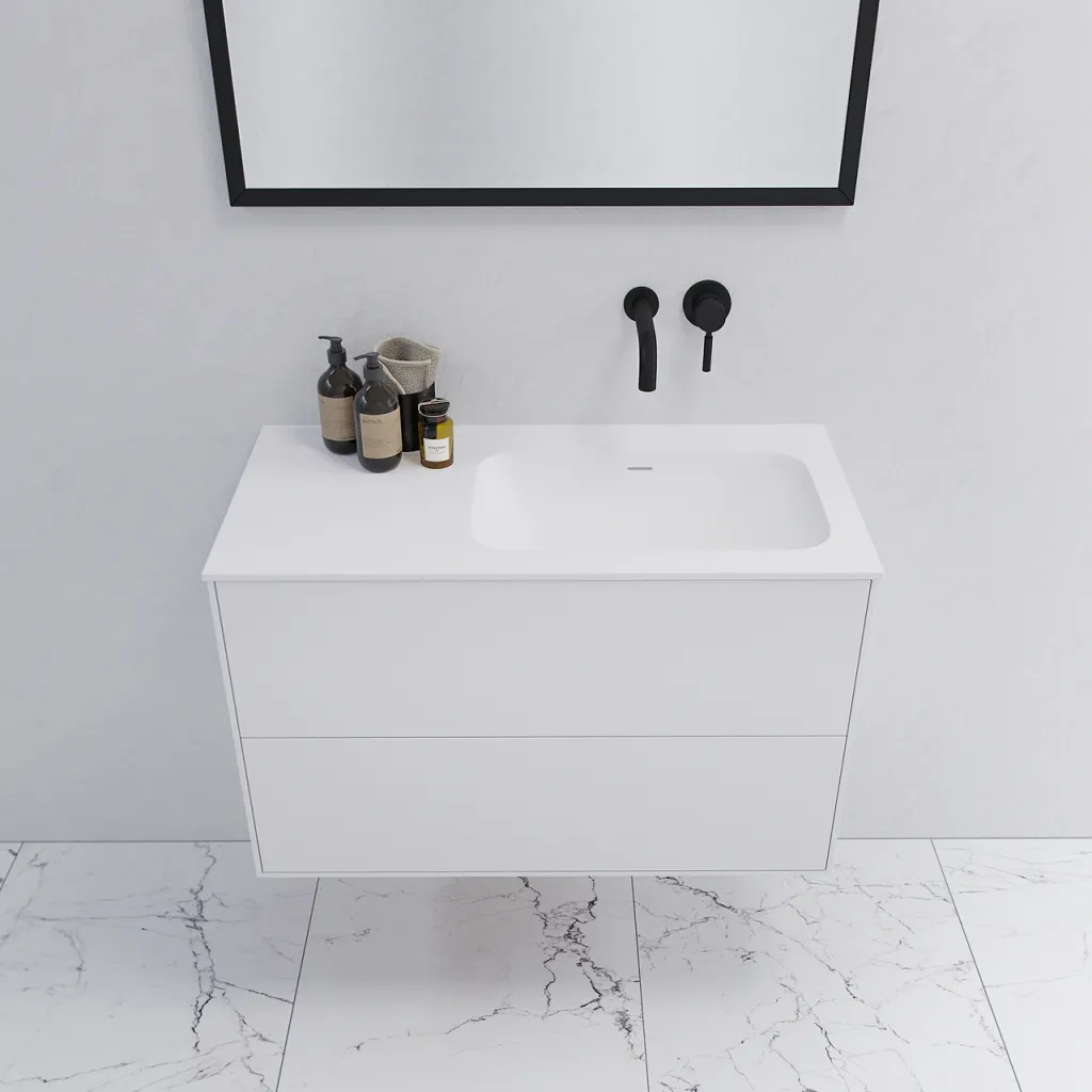 Pulcher Mood 90R Soft - Badmöbel 90x46 cm, Mattweiß mit SolidTec® Waschbecken