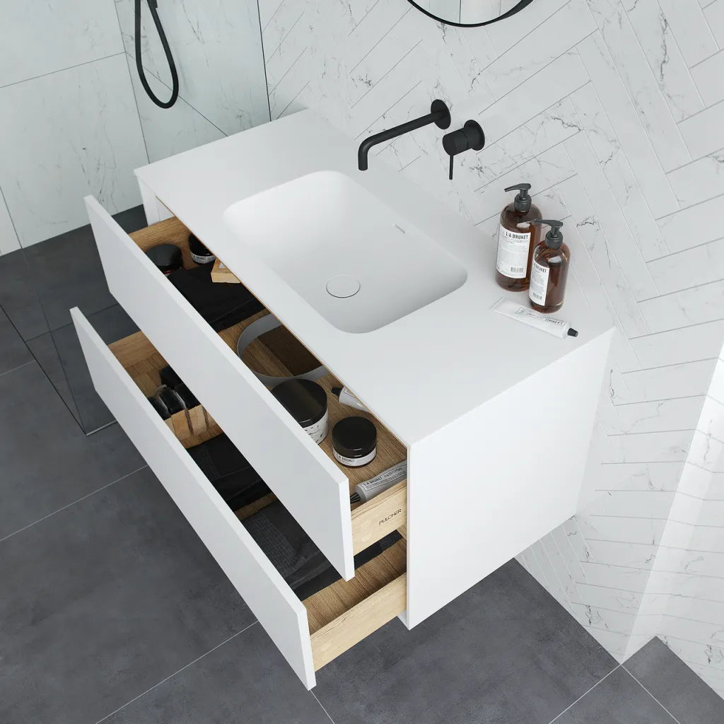 Pulcher Mood 100 Soft - Badmöbel 100x46 cm, Mattweiß mit SolidTec® Waschbecken