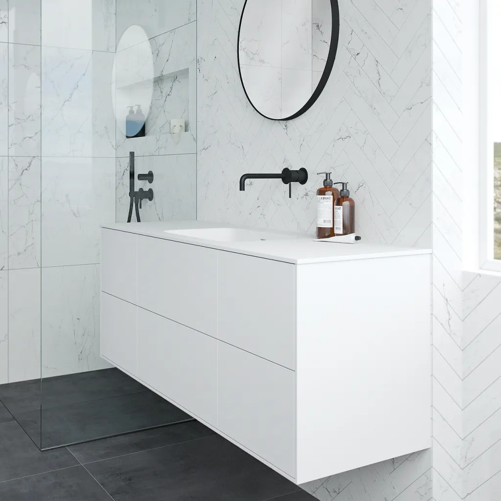 Pulcher Mood 140 Soft - Badmöbel 140x46, Mattweiß mit SolidTec® Waschbecken