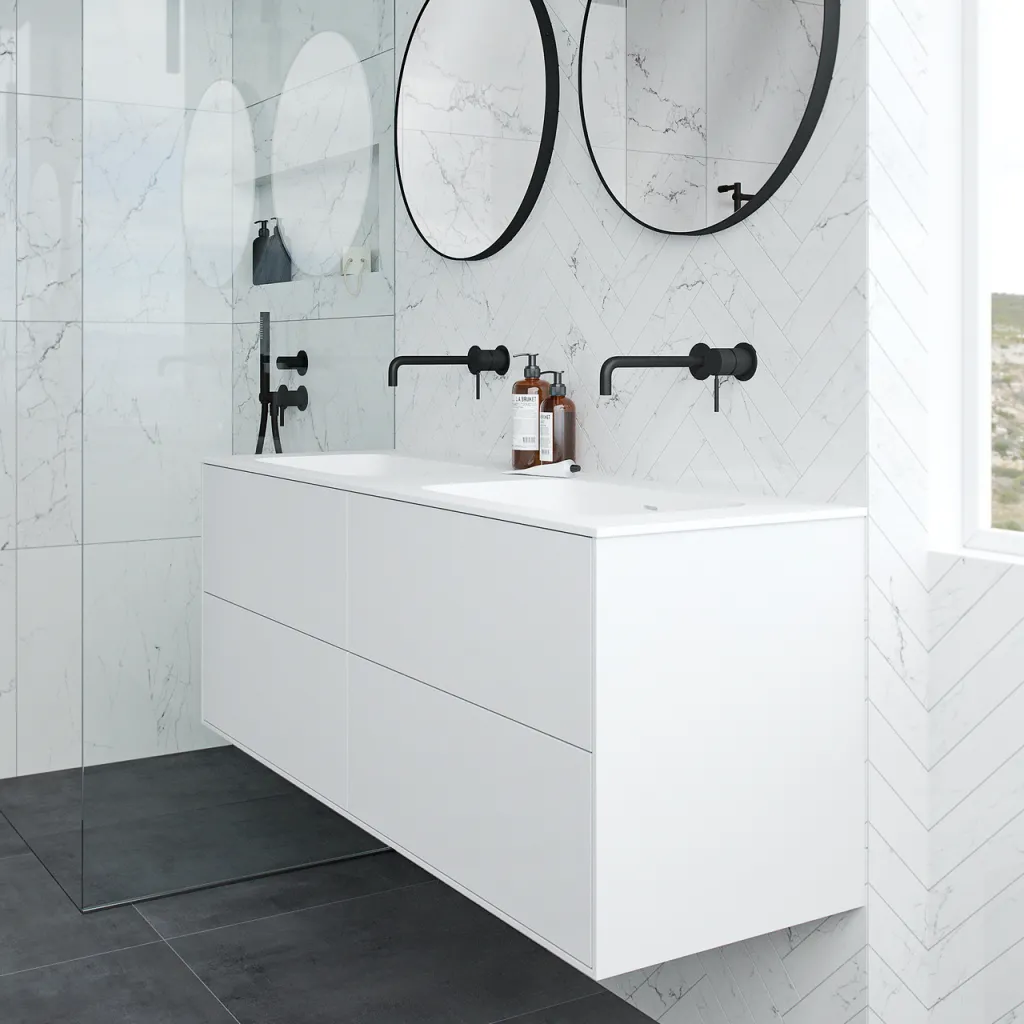 Pulcher Mood 140D Soft - Badmöbel 140x46 cm, Mattweiß mit SolidTec® Waschbecken