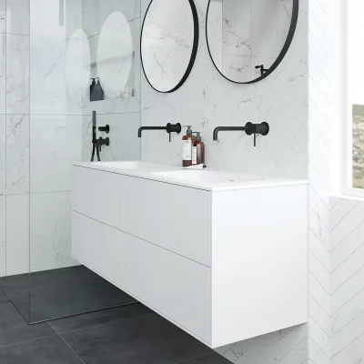 Pulcher Mood 140D Soft - Badmöbel 140x46 cm, Mattweiß mit SolidTec® Waschbecken