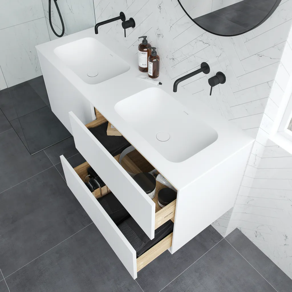 Pulcher Mood 140D Soft - Badmöbel 140x46 cm, Mattweiß mit SolidTec® Waschbecken