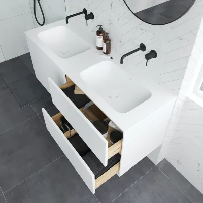 Pulcher Mood 140D Soft - Badmöbel 140x46 cm, Mattweiß mit SolidTec® Waschbecken